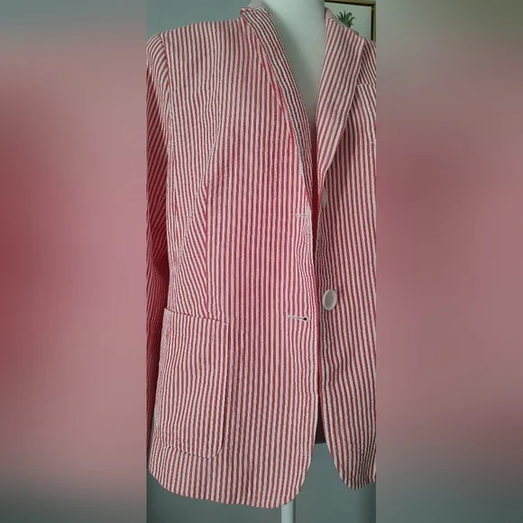 Talbot's Pinstripe Blazer Color White And Coral 2 Pockets Size 16 P Buttons New - Picture 4 of 9